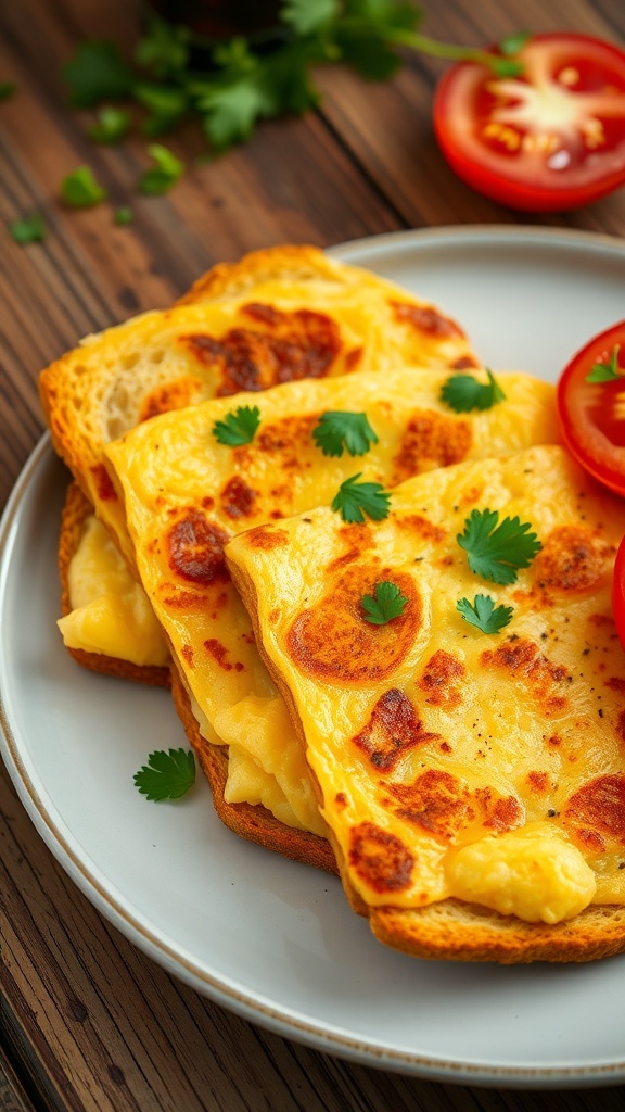 A hearty bread omelette with golden bread and fluffy eggs, garnished with cilantro and served with tomatoes.
